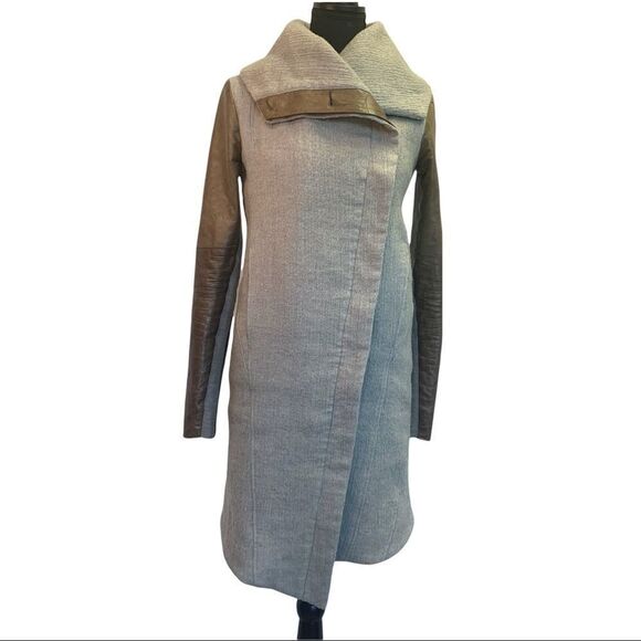 HELMET Lang wool & Lamb Leather brown gray colour block pattern coat Sz XS - Picture 16 of 16